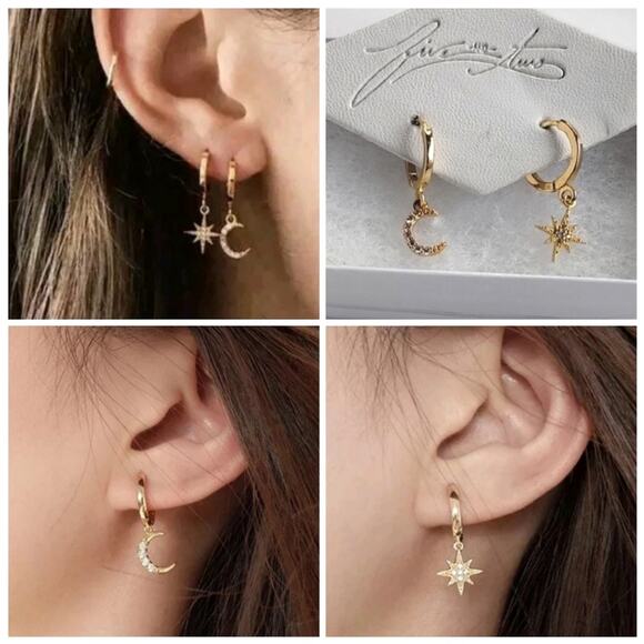 NEW! Celestial Moon & Star Gold + Rhinestone Huggie Hoop Tiny Charm Earrings 5&2 - Picture 1 of 15